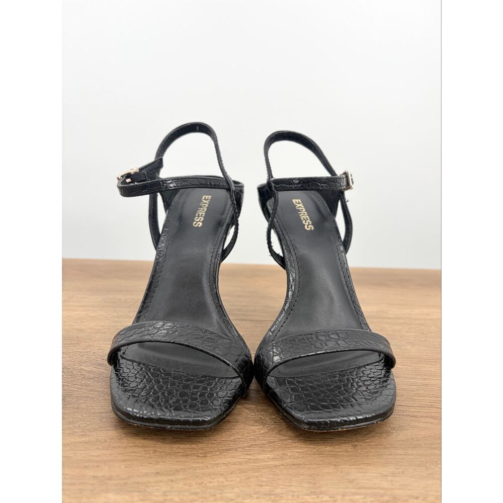 Express Black Croc Embossed Square Toe Stiletto Ankle Strap Heels - Picture 10 of 10